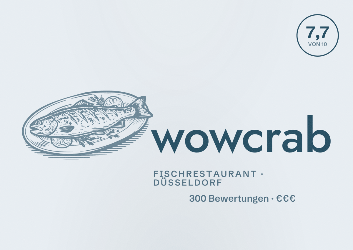 Illustriertes Poster von wowcrab, Fischrestaurant in Düsseldorf: Bewertung 7,7 von 10 aus 300 Bewertungen, Preisniveau €€€