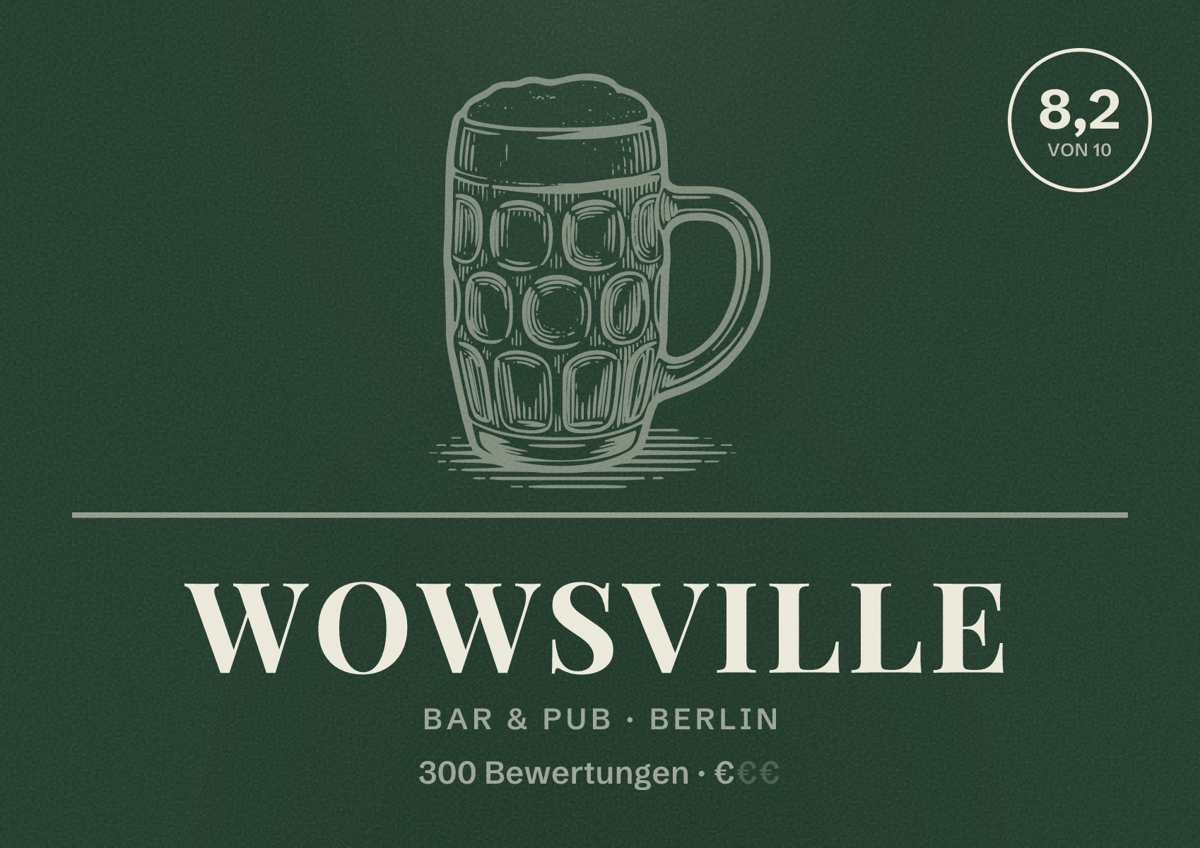 Illustriertes Poster von Wowsville, Bar & Pub in Berlin: Bewertung 8,2 von 10 aus 300 Bewertungen, Preisniveau €