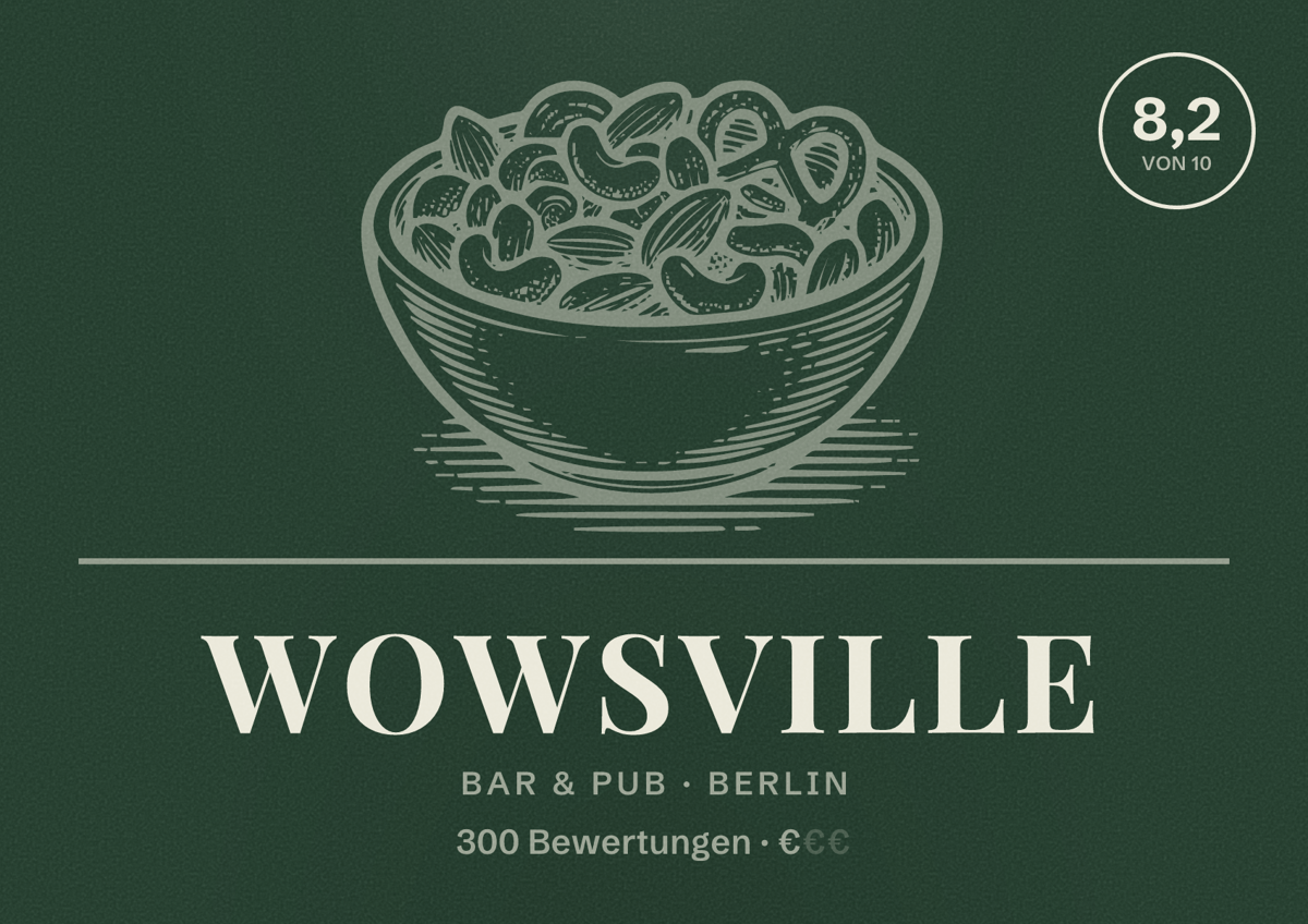 Illustriertes Poster von Wowsville, Bar & Pub in Berlin: Bewertung 8,2 von 10 aus 300 Bewertungen, Preisniveau €