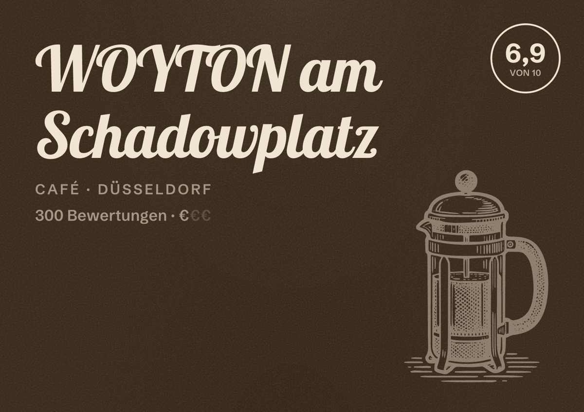 Illustriertes Poster von WOYTON am Schadowplatz, Café in Düsseldorf: Bewertung 6,9 von 10 aus 300 Bewertungen, Preisniveau €