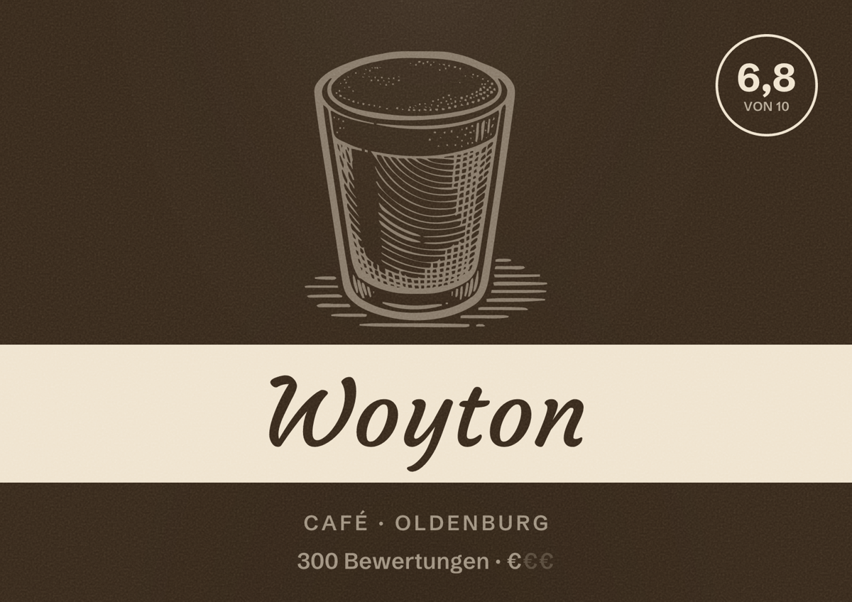 Illustriertes Poster von Woyton, Café in Oldenburg: Bewertung 6,8 von 10 aus 300 Bewertungen, Preisniveau €