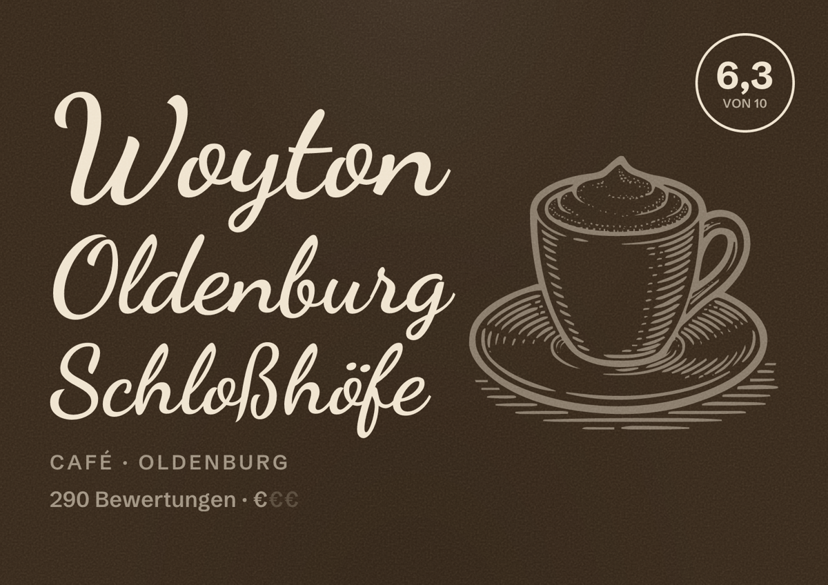 Illustriertes Poster von Woyton Oldenburg Schloßhöfe, Café in Oldenburg: Bewertung 6,3 von 10 aus 290 Bewertungen, Preisniveau €