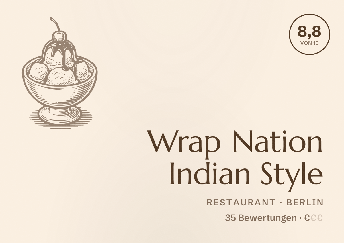 Illustriertes Poster von Wrap Nation Indian Style, Restaurant in Berlin: Bewertung 8,8 von 10 aus 35 Bewertungen, Preisniveau €