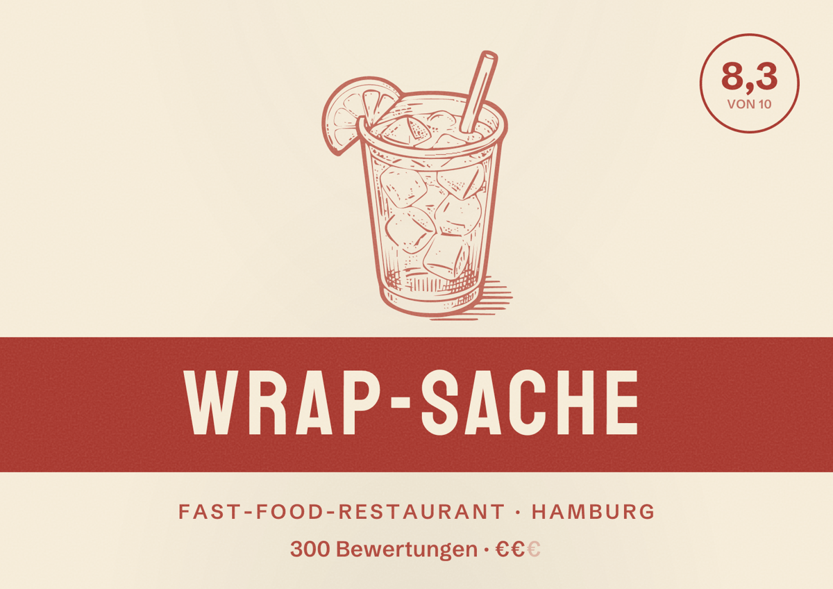 Illustriertes Poster von Wrap-Sache, Fast-Food-Restaurant in Hamburg: Bewertung 8,3 von 10 aus 300 Bewertungen, Preisniveau €€