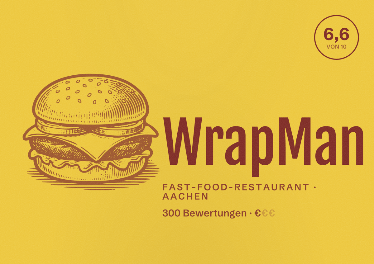 Illustriertes Poster von WrapMan, Fast-Food-Restaurant in Aachen: Bewertung 6,6 von 10 aus 300 Bewertungen, Preisniveau €