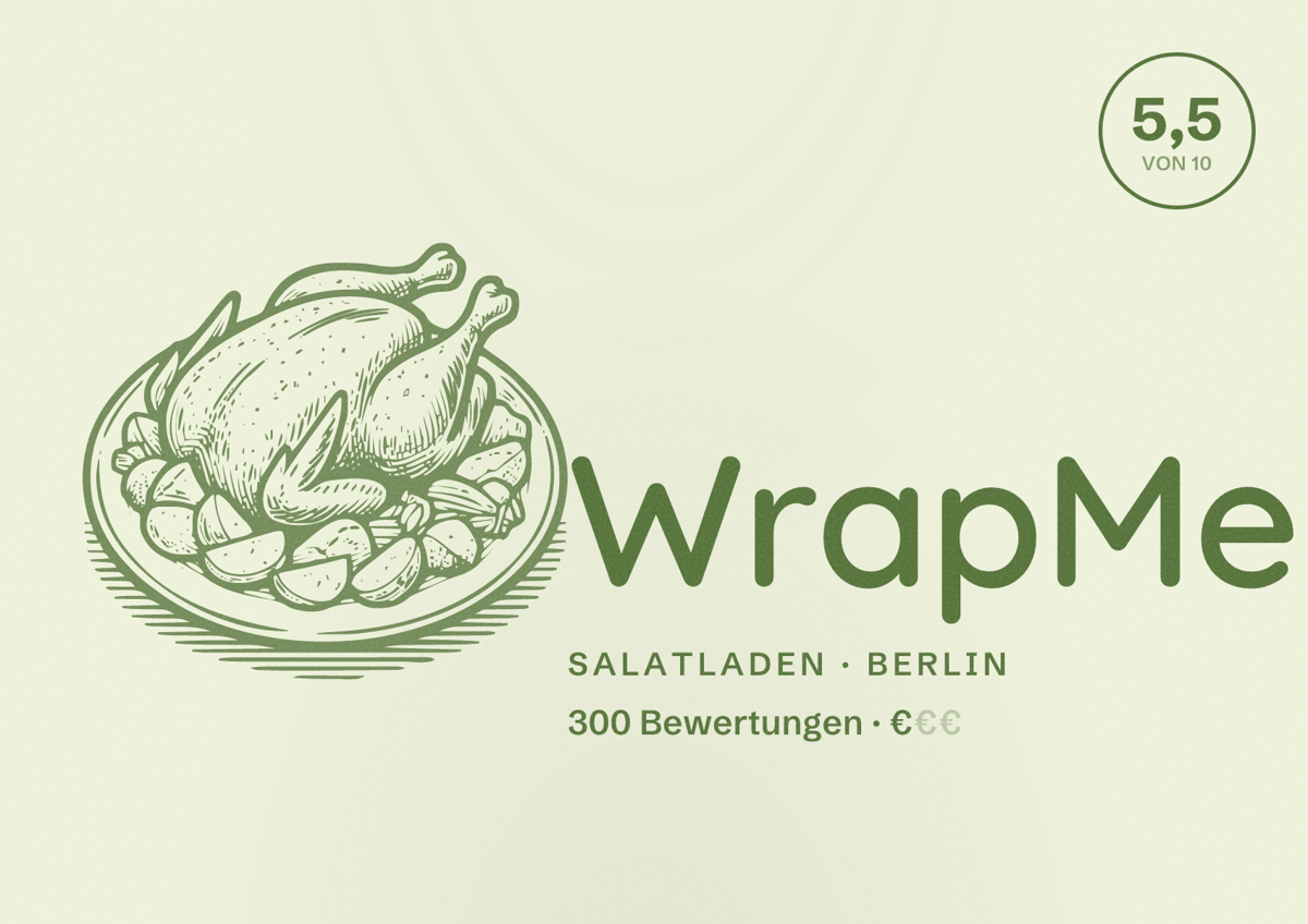 Illustriertes Poster von WrapMe, Salatladen in Berlin: Bewertung 5,5 von 10 aus 300 Bewertungen, Preisniveau €