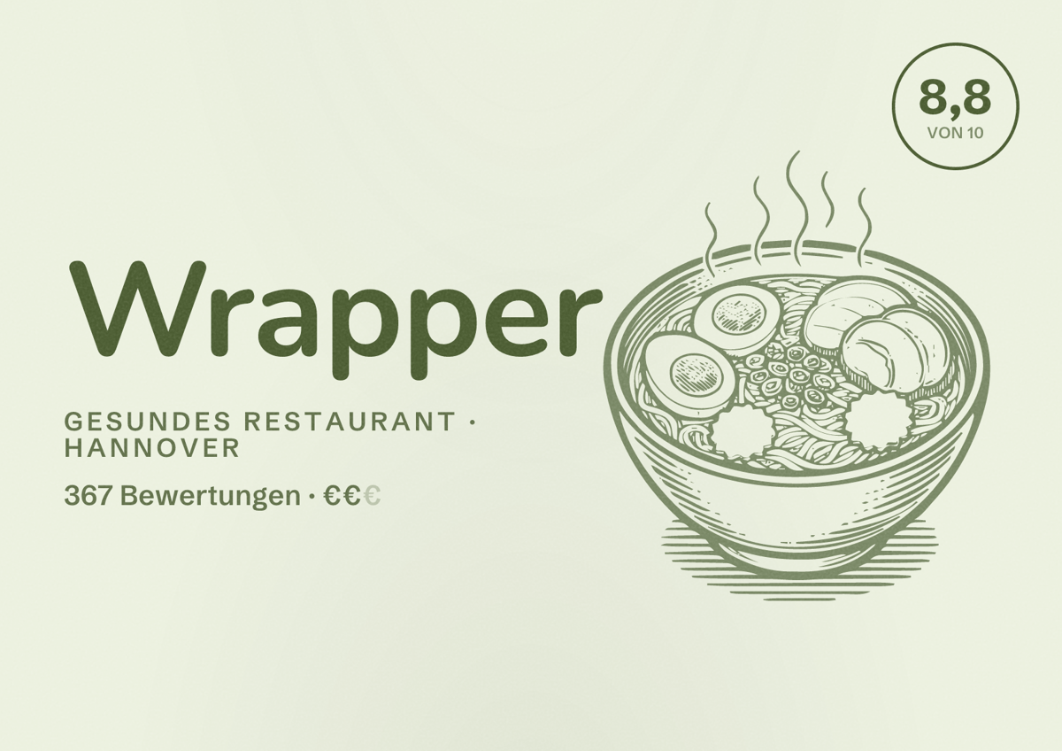 Illustriertes Poster von Wrapper, Gesundes Restaurant in Hannover: Gästebewertung 8,8 von 10 aus 367 Bewertungen
