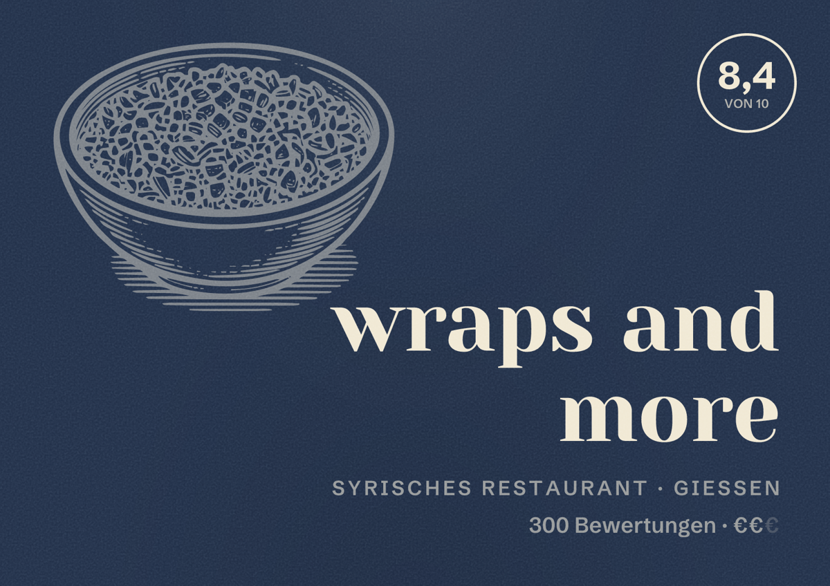 Illustriertes Poster von wraps and more, Syrisches Restaurant in Gießen: Bewertung 8,4 von 10 aus 300 Bewertungen, Preisniveau €€