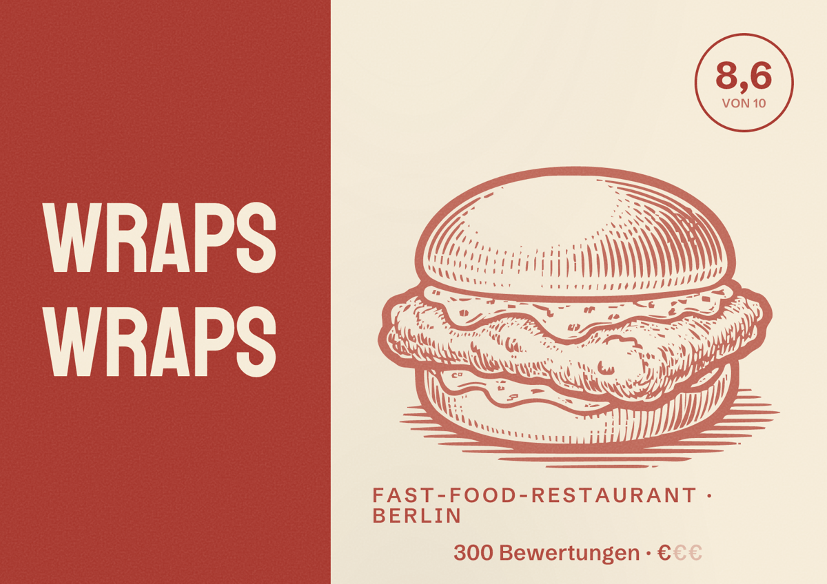 Illustriertes Poster von WRAPS WRAPS, Fast-Food-Restaurant in Berlin: Bewertung 8,6 von 10 aus 300 Bewertungen, Preisniveau €