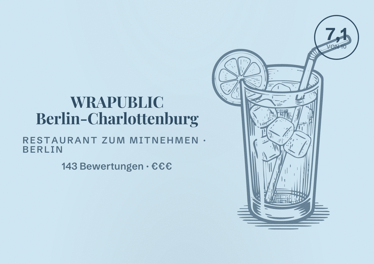 Illustriertes Poster von WRAPUBLIC Berlin-Charlottenburg, Restaurant zum Mitnehmen in Berlin: Bewertung 7,1 von 10 aus 143 Bewertungen, Preisniveau €€€