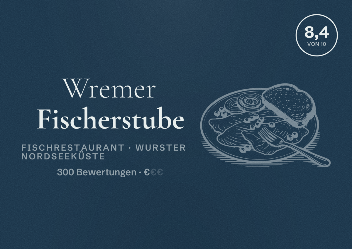 Illustriertes Poster von Wremer Fischerstube, Fischrestaurant in Wurster Nordseeküste: Bewertung 8,4 von 10 aus 300 Bewertungen, Preisniveau €