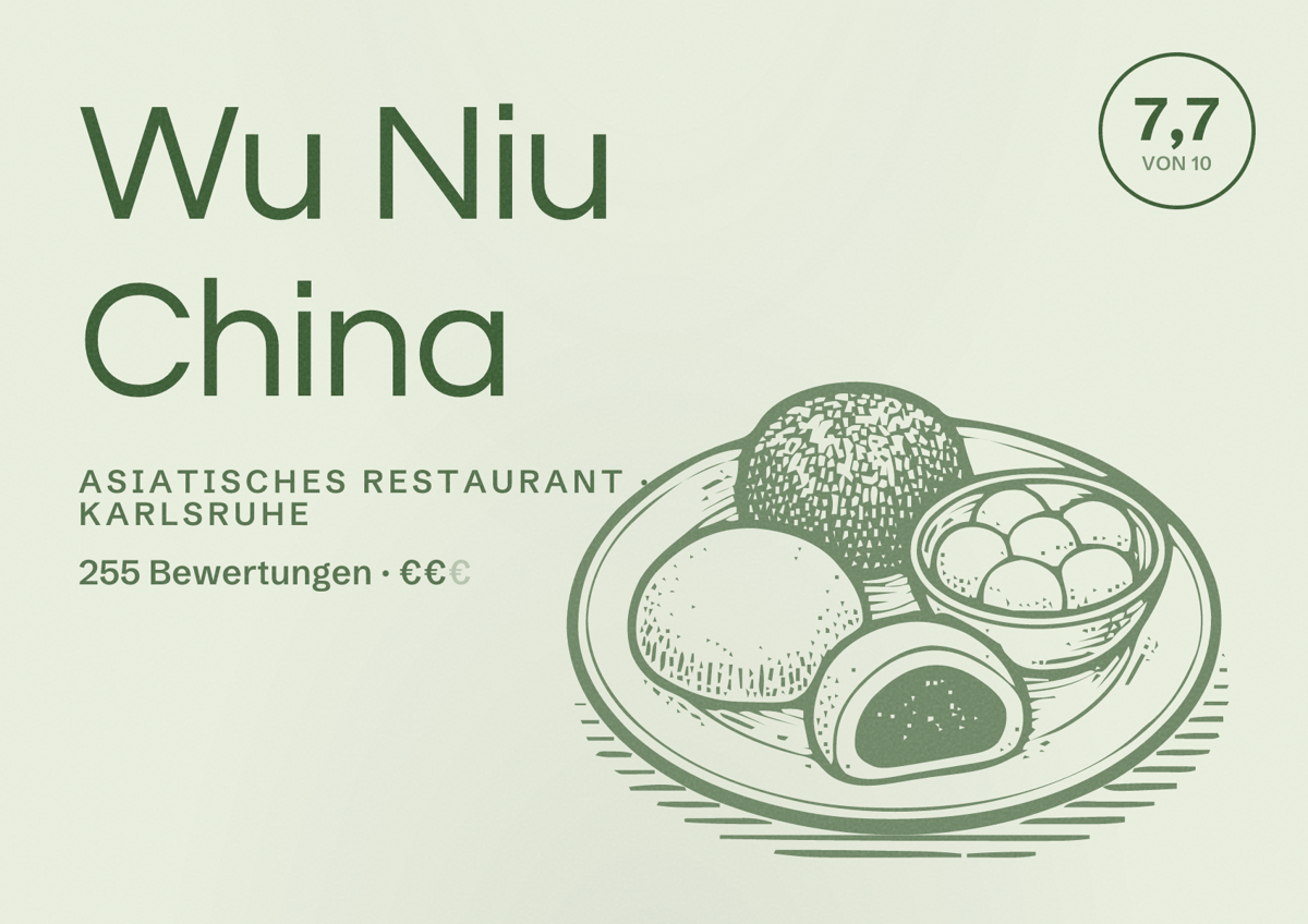 Illustriertes Poster von Wu Niu China, Asiatisches Restaurant in Karlsruhe: Bewertung 7,7 von 10 aus 255 Bewertungen, Preisniveau €€