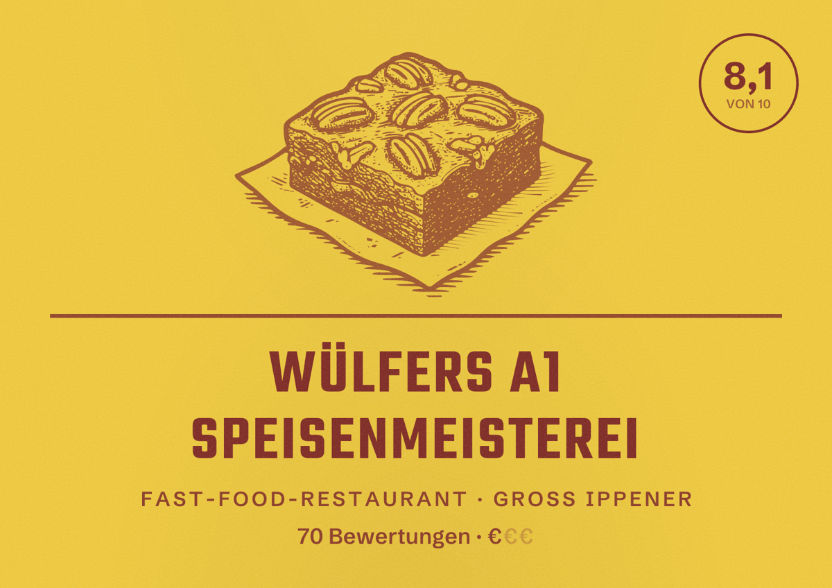 Illustriertes Poster von Wülfers A1 Speisenmeisterei, Fast-Food-Restaurant in Groß Ippener: Bewertung 8,1 von 10 aus 70 Bewertungen, Preisniveau €