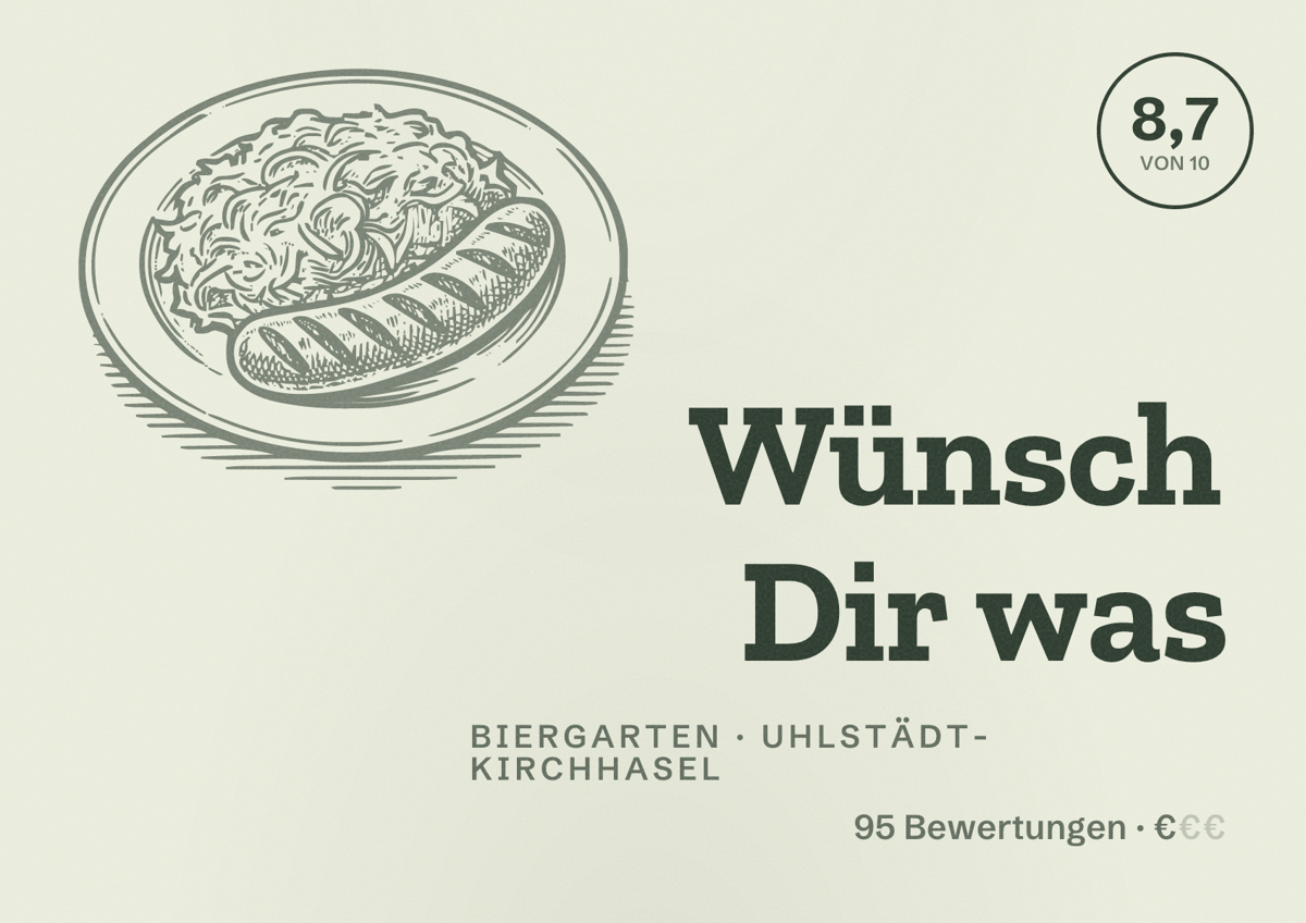 Illustriertes Poster von Wünsch Dir was, Biergarten in Uhlstädt-Kirchhasel: Bewertung 8,7 von 10 aus 95 Bewertungen, Preisniveau €