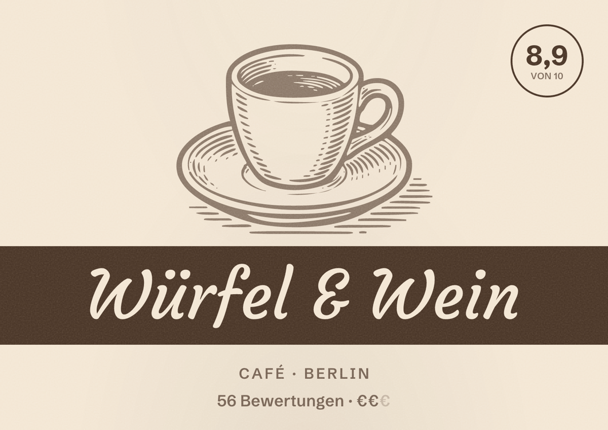 Illustriertes Poster von Würfel & Wein, Café in Berlin: Bewertung 8,9 von 10 aus 56 Bewertungen, Preisniveau €€