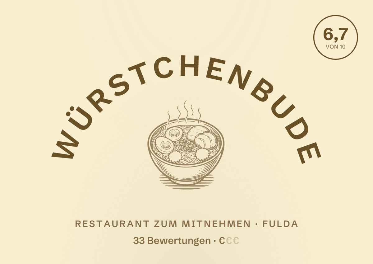 Illustriertes Poster von Würstchenbude, Restaurant zum Mitnehmen in Fulda: Bewertung 6,7 von 10 aus 33 Bewertungen, Preisniveau €