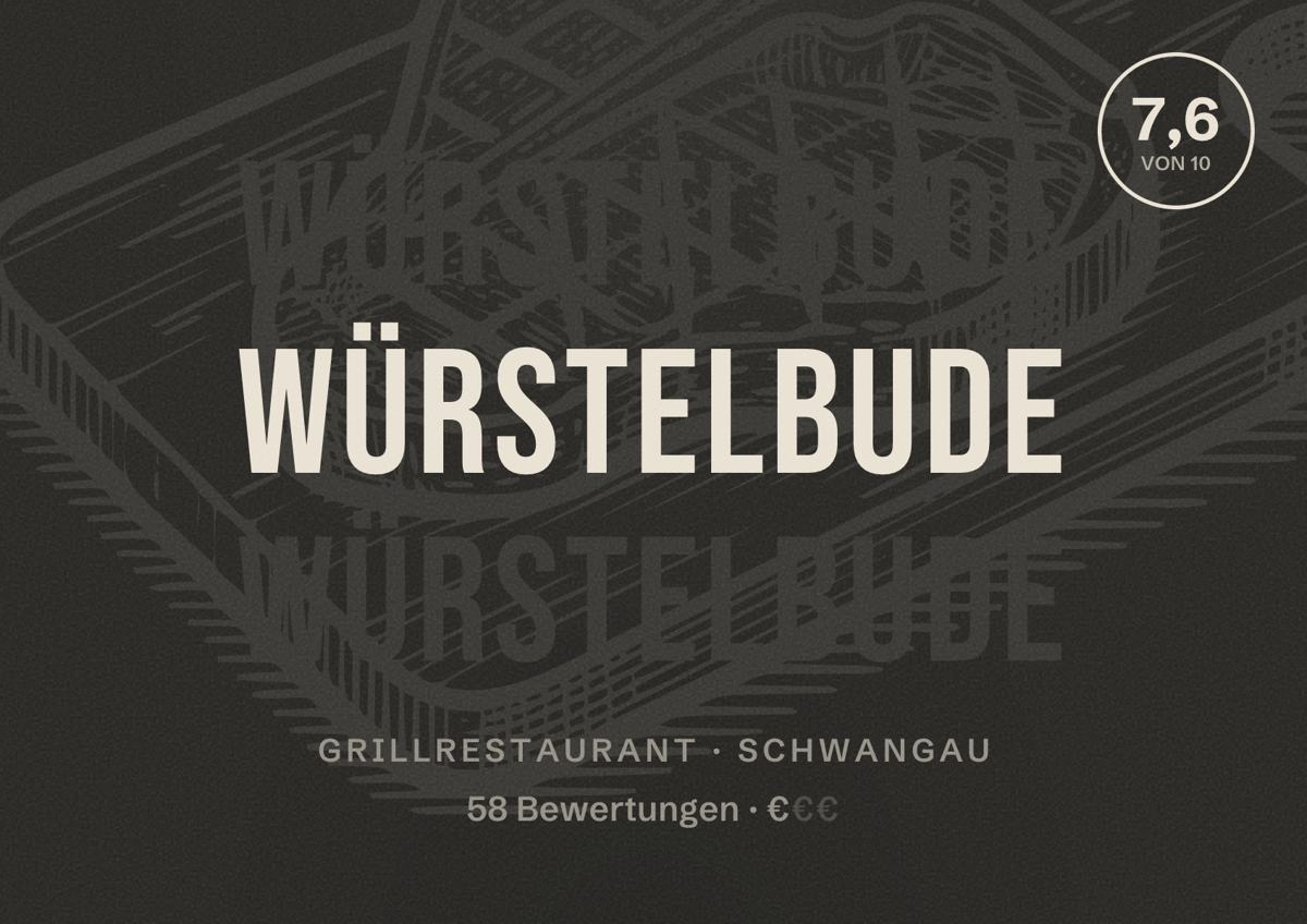 Illustriertes Poster von Würstelbude, Grillrestaurant in Schwangau: Bewertung 7,6 von 10 aus 58 Bewertungen, Preisniveau €