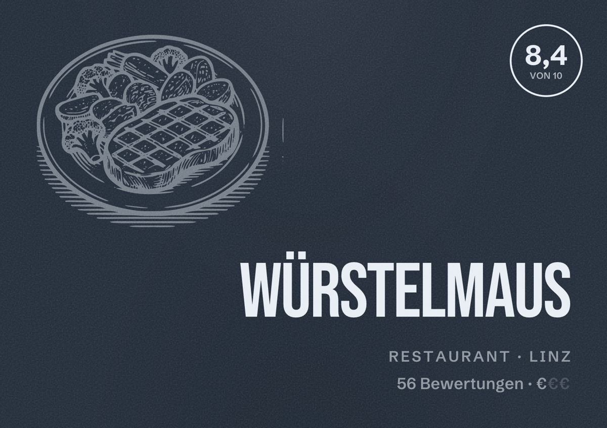 Illustriertes Poster von Würstelmaus, Restaurant in Linz: Bewertung 8,4 von 10 aus 56 Bewertungen, Preisniveau €