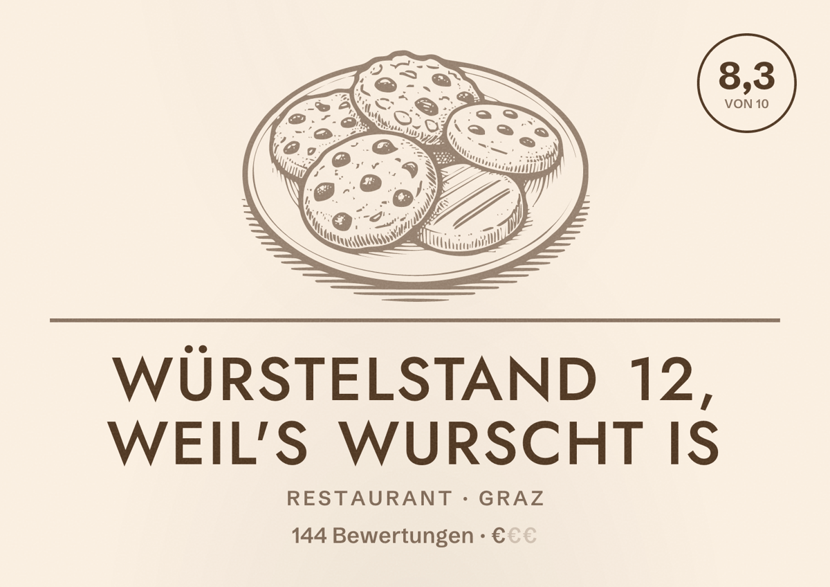 Illustriertes Poster von Würstelstand 12, weil's wurscht is, Restaurant in Graz: Bewertung 8,3 von 10 aus 144 Bewertungen, Preisniveau €