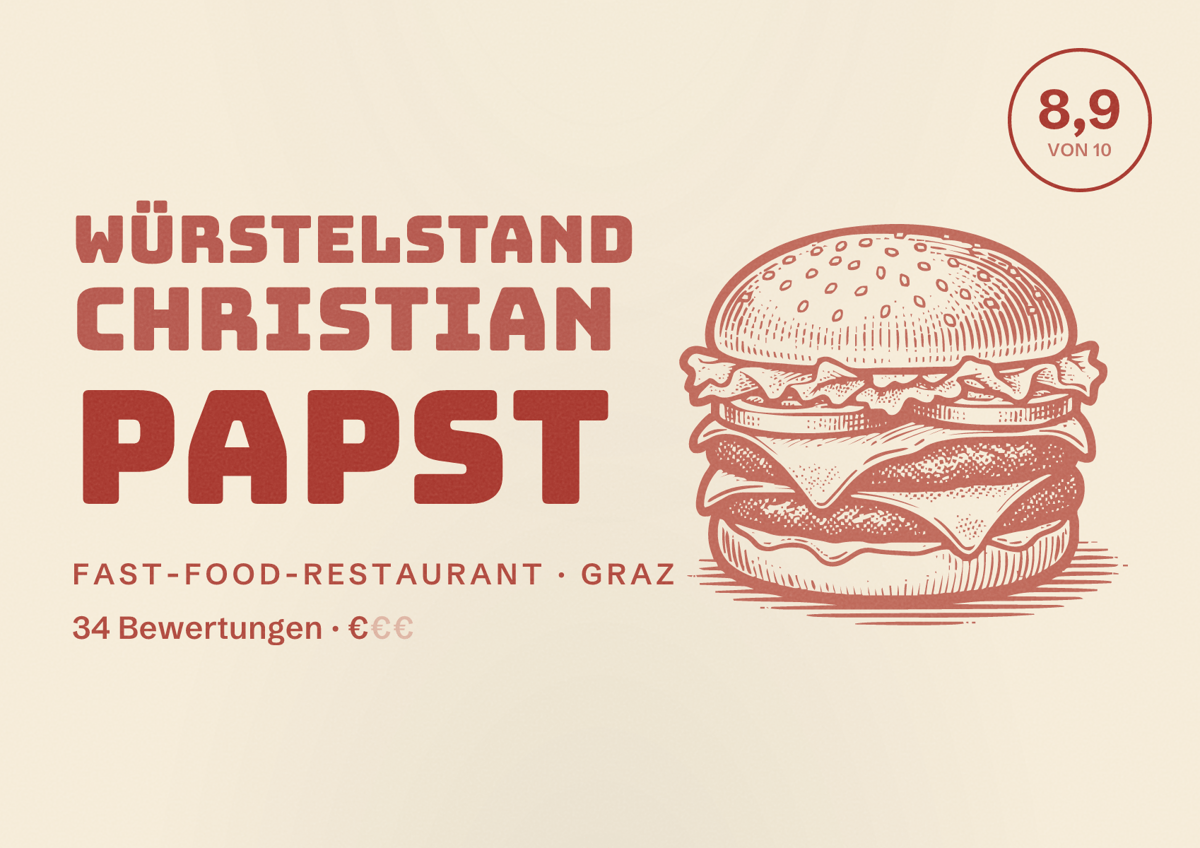 Illustriertes Poster von Würstelstand Christian Papst, Fast-Food-Restaurant in Graz: Bewertung 8,9 von 10 aus 34 Bewertungen, Preisniveau €
