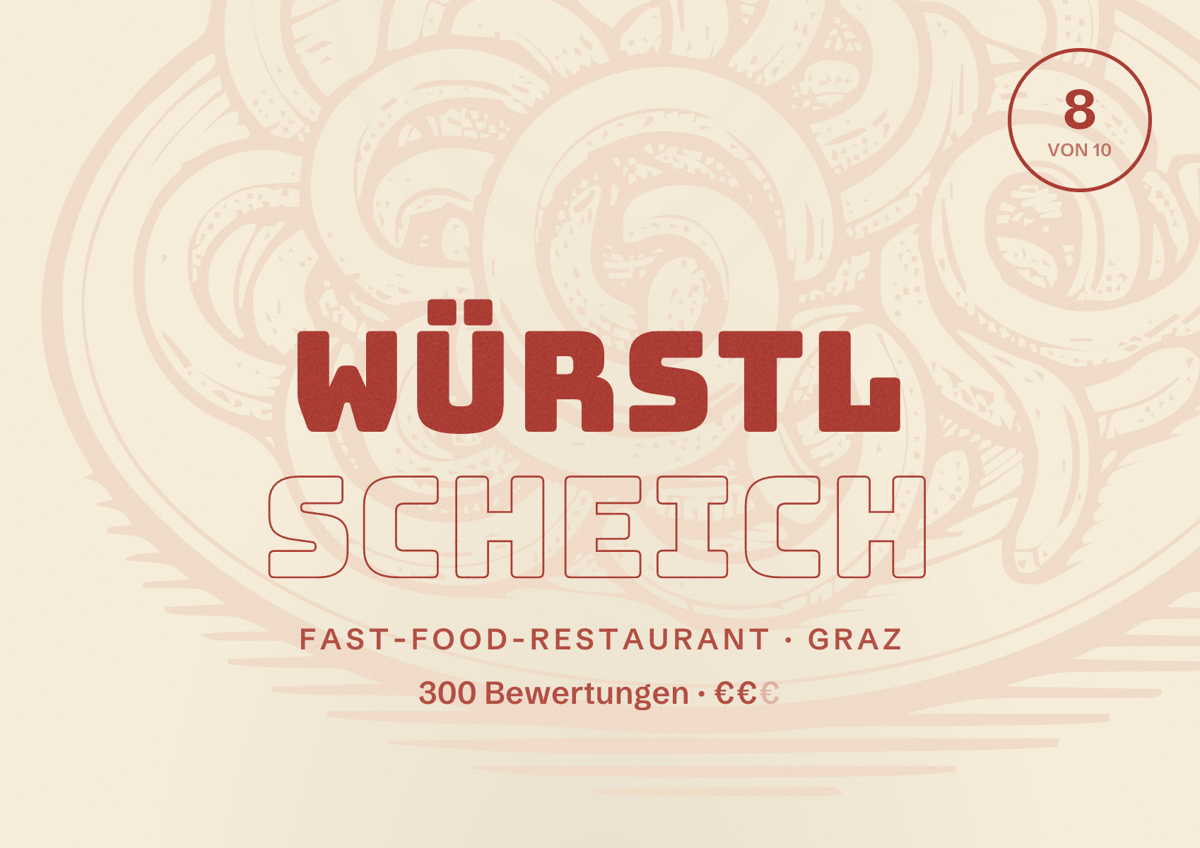 Illustriertes Poster von Würstl Scheich, Fast-Food-Restaurant in Graz: Bewertung 8 von 10 aus 300 Bewertungen, Preisniveau €€