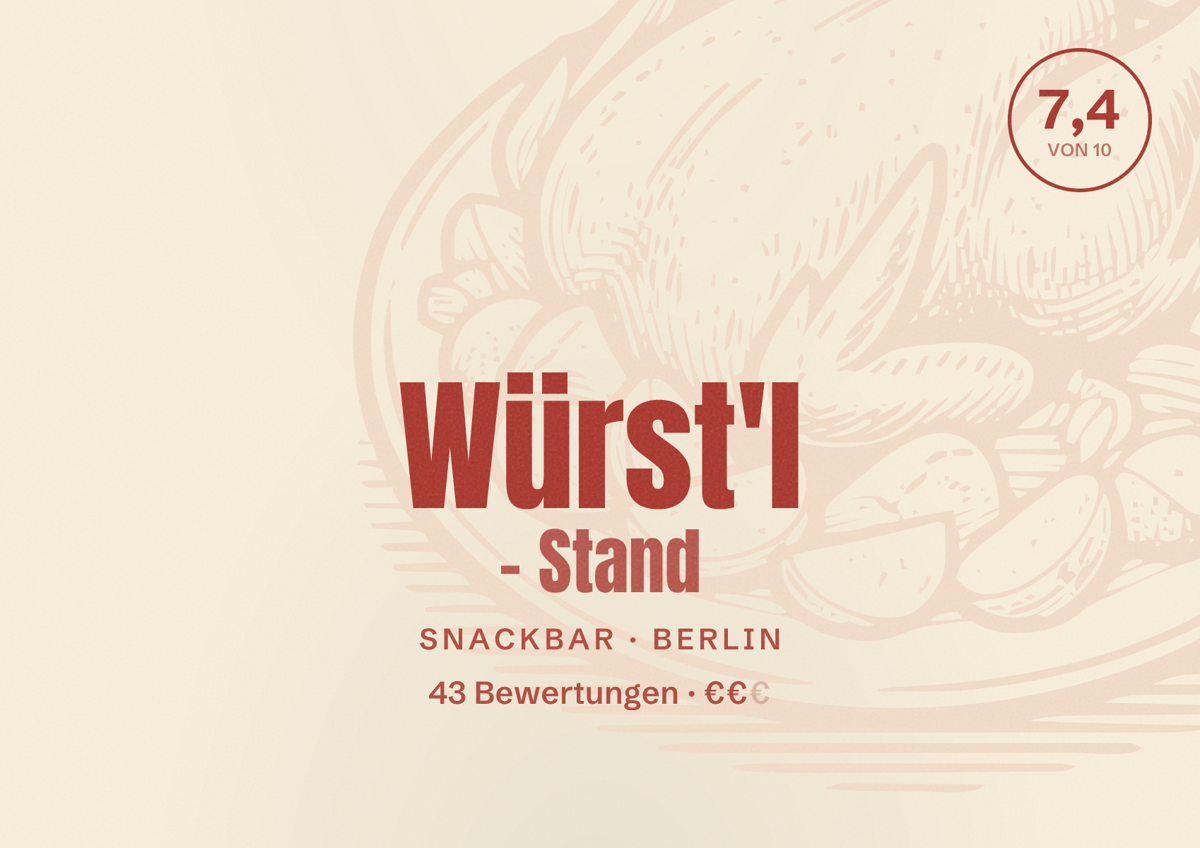 Illustriertes Poster von Würst'l - Stand, Snackbar in Berlin: Bewertung 7,4 von 10 aus 43 Bewertungen, Preisniveau €€