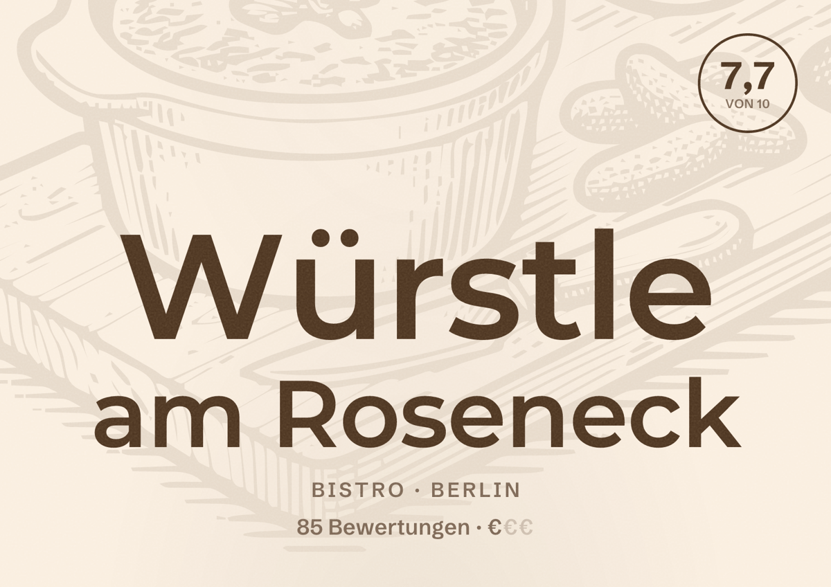 Illustriertes Poster von Würstle am Roseneck, Bistro in Berlin: Bewertung 7,7 von 10 aus 85 Bewertungen, Preisniveau €