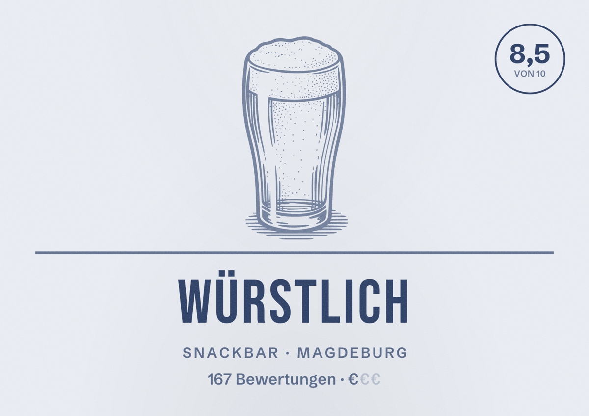 Illustriertes Poster von Würstlich, Snackbar in Magdeburg: Bewertung 8,5 von 10 aus 167 Bewertungen, Preisniveau €