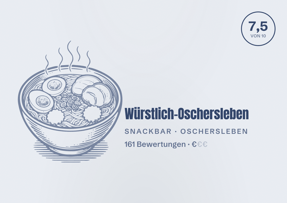 Illustriertes Poster von Würstlich-Oschersleben, Snackbar in Oschersleben: Bewertung 7,5 von 10 aus 161 Bewertungen, Preisniveau €
