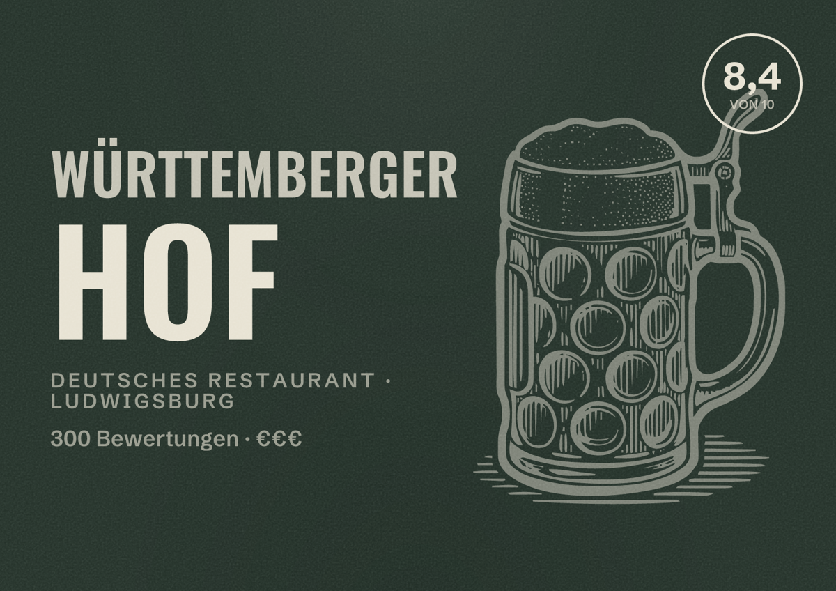 Illustriertes Poster von Württemberger Hof, Deutsches Restaurant in Ludwigsburg: Bewertung 8,4 von 10 aus 300 Bewertungen, Preisniveau €€€
