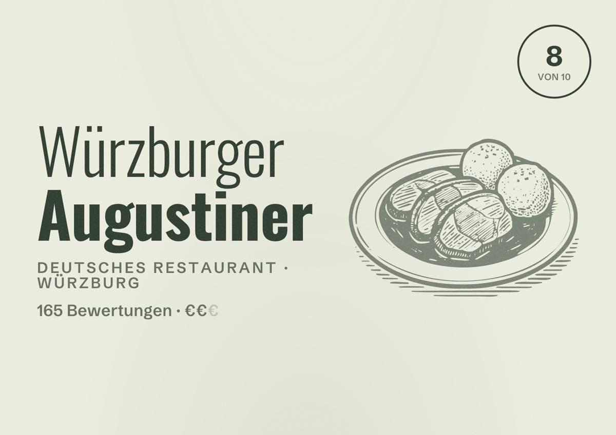 Illustriertes Poster von Würzburger Augustiner, Deutsches Restaurant in Würzburg: Bewertung 8 von 10 aus 165 Bewertungen, Preisniveau €€