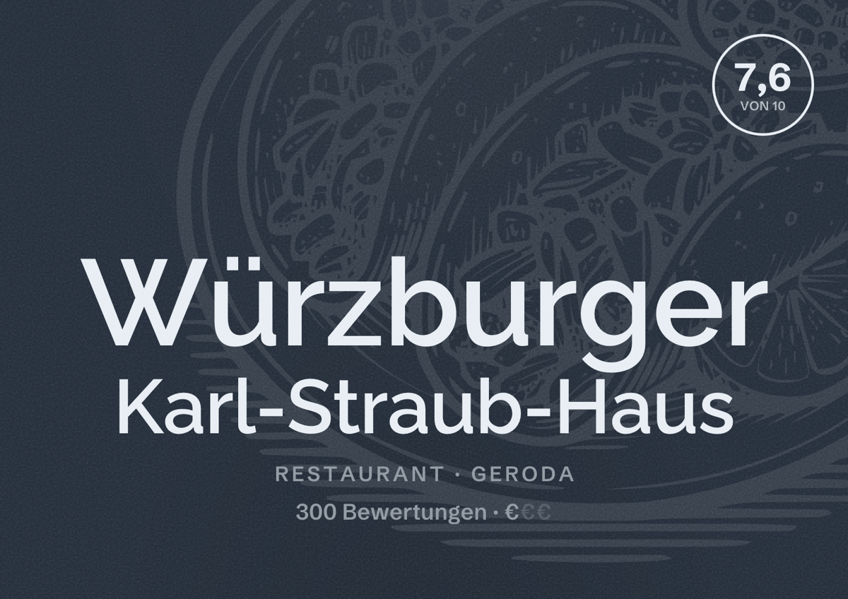 Illustriertes Poster von Würzburger Karl-Straub-Haus, Restaurant in Geroda: Bewertung 7,6 von 10 aus 300 Bewertungen, Preisniveau €