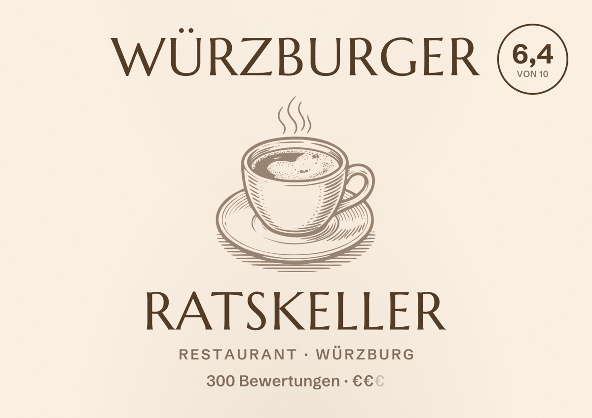 Illustriertes Poster von Würzburger Ratskeller, Restaurant in Würzburg: Bewertung 6,4 von 10 aus 300 Bewertungen, Preisniveau €€