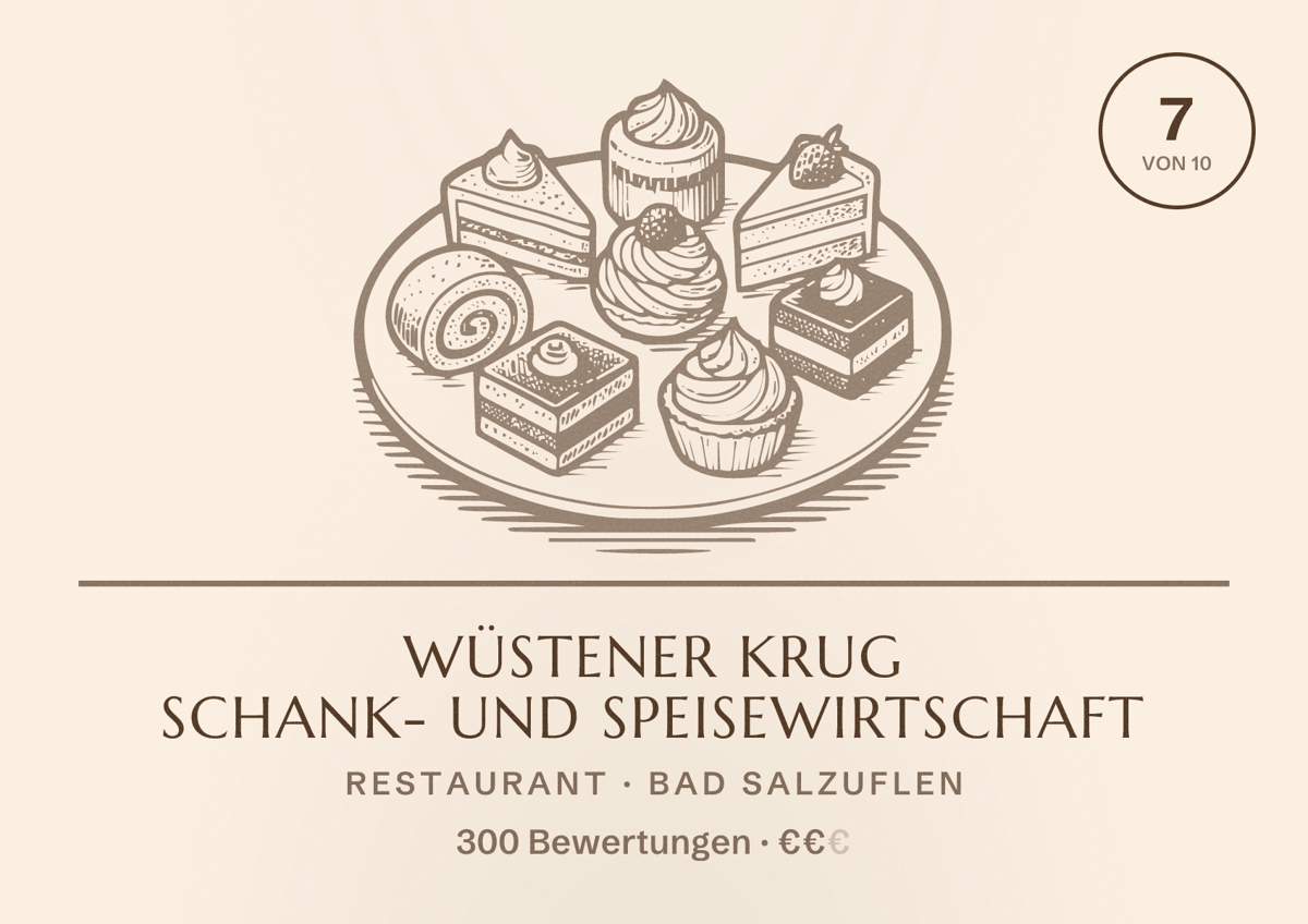 Illustriertes Poster von Wüstener Krug Schank- und Speisewirtschaft, Restaurant in Bad Salzuflen: Bewertung 7 von 10 aus 300 Bewertungen, Preisniveau €€