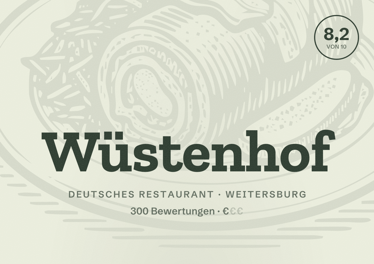 Illustriertes Poster von Wüstenhof, Deutsches Restaurant in Weitersburg: Bewertung 8,2 von 10 aus 300 Bewertungen, Preisniveau €