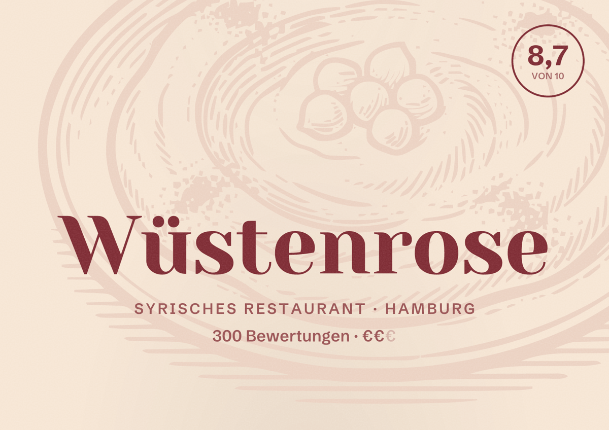 Illustriertes Poster von Wüstenrose, Syrisches Restaurant in Hamburg: Bewertung 8,7 von 10 aus 300 Bewertungen, Preisniveau €€