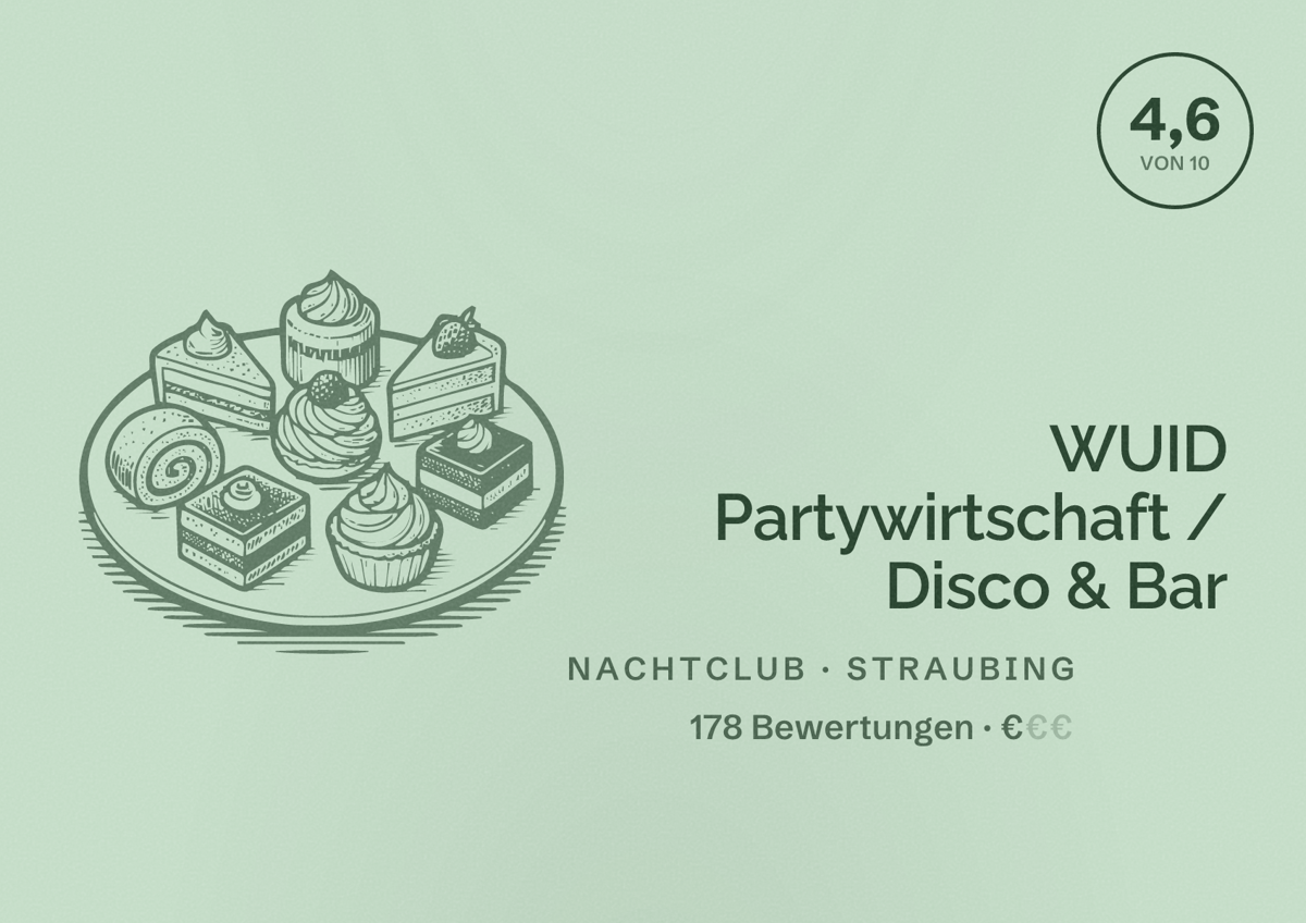 Illustriertes Poster von WUID Partywirtschaft / Disco & Bar, Nachtclub in Straubing: Bewertung 4,6 von 10 aus 178 Bewertungen, Preisniveau €