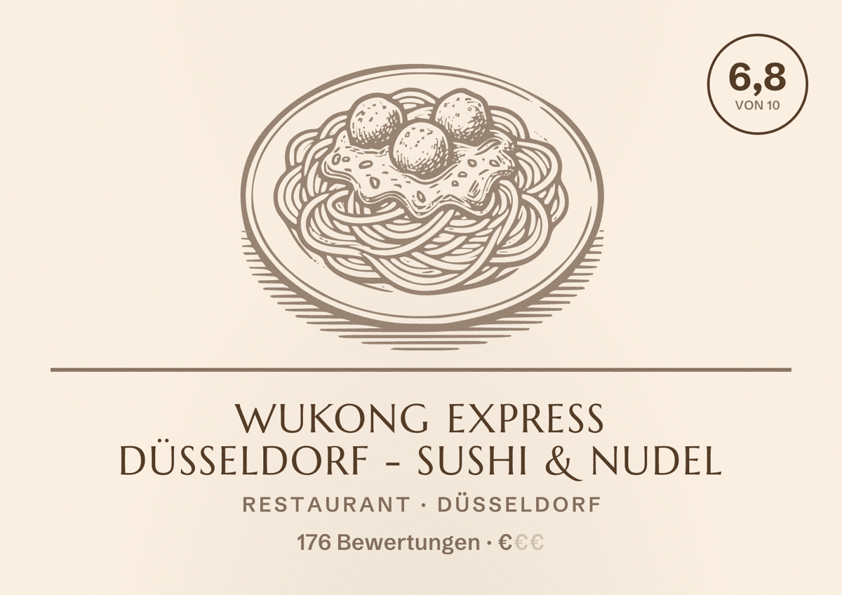 Illustriertes Poster von Wukong Express Düsseldorf - Sushi & Nudel, Restaurant in Düsseldorf: Bewertung 6,8 von 10 aus 176 Bewertungen, Preisniveau €