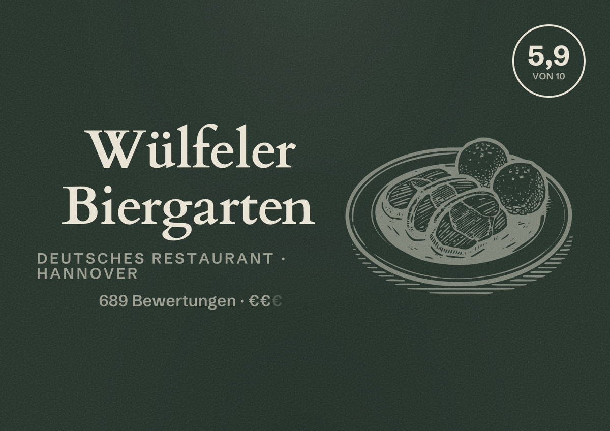 Illustriertes Poster von Wülfeler Biergarten, Deutsches Restaurant in Hannover: Bewertung 5,9 von 10 aus 689 Bewertungen, Preisniveau €€