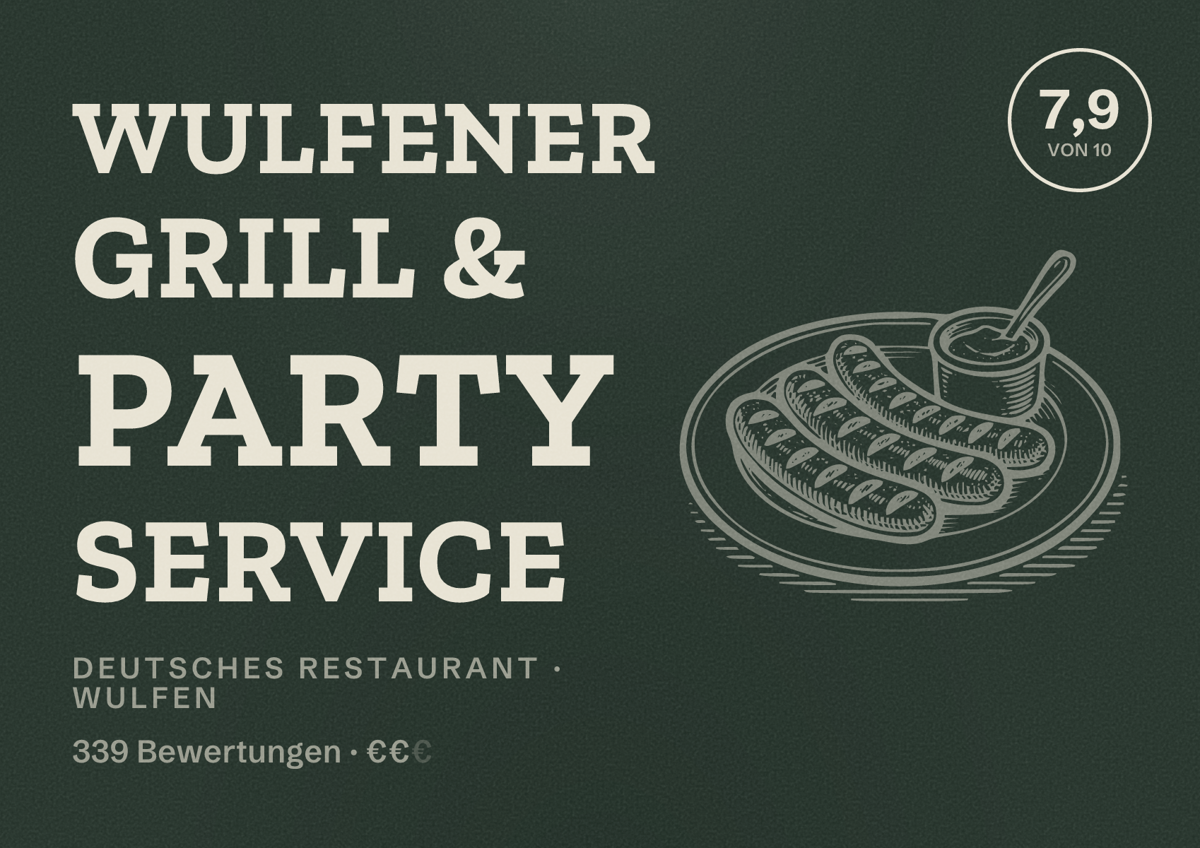 Illustriertes Poster von Wulfener Grill & Party Service, Deutsches Restaurant in Wulfen: Gästebewertung 7,9 von 10 aus 339 Bewertungen
