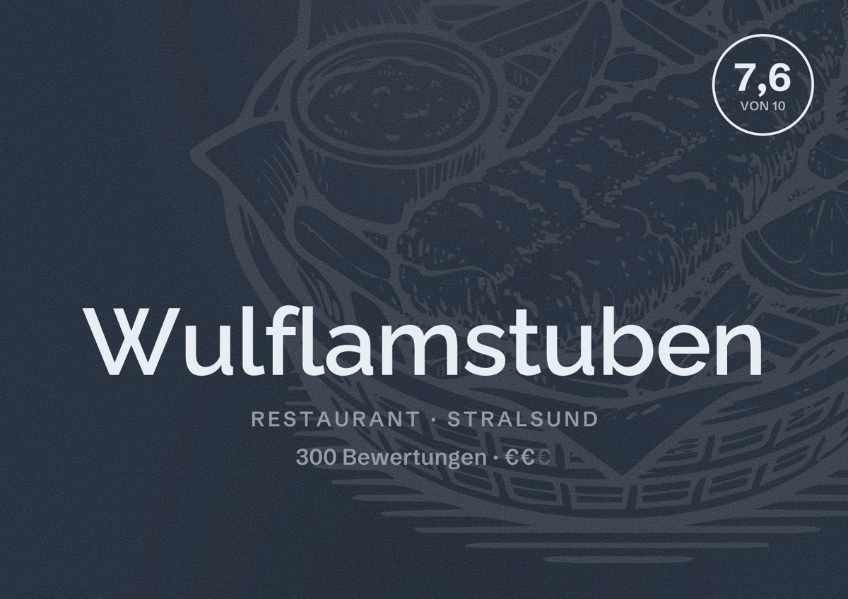 Illustriertes Poster von Wulflamstuben, Restaurant in Stralsund: Bewertung 7,6 von 10 aus 300 Bewertungen, Preisniveau €€