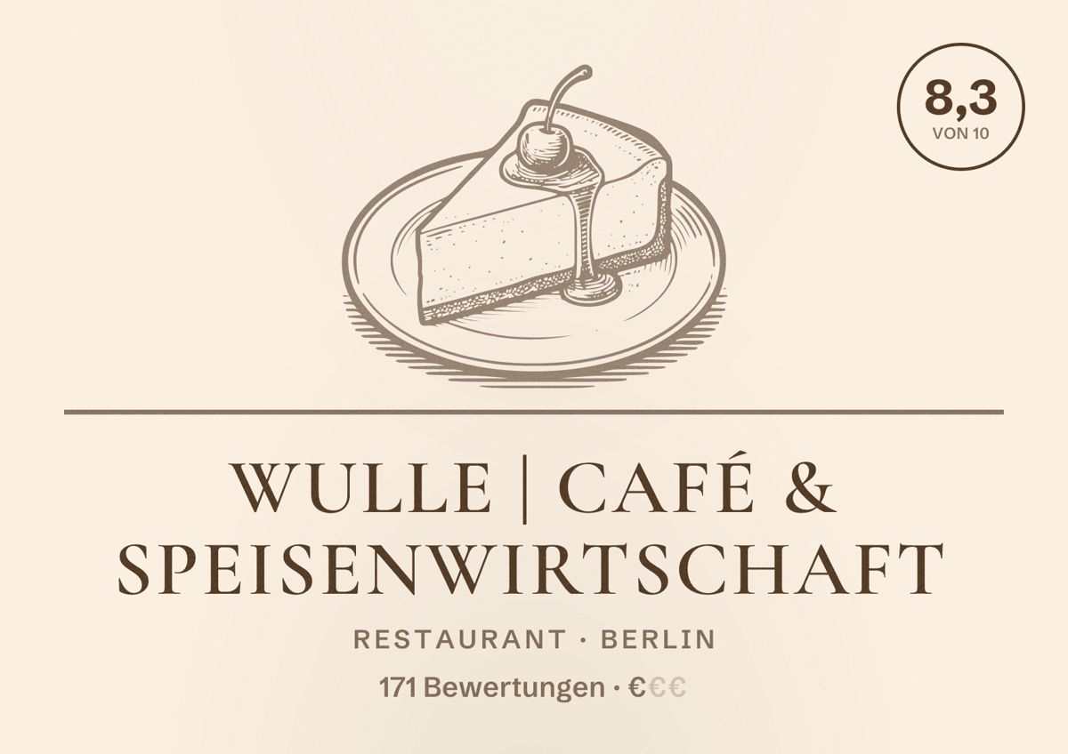 Illustriertes Poster von Wulle | Café & Speisenwirtschaft, Restaurant in Berlin: Bewertung 8,3 von 10 aus 171 Bewertungen, Preisniveau €