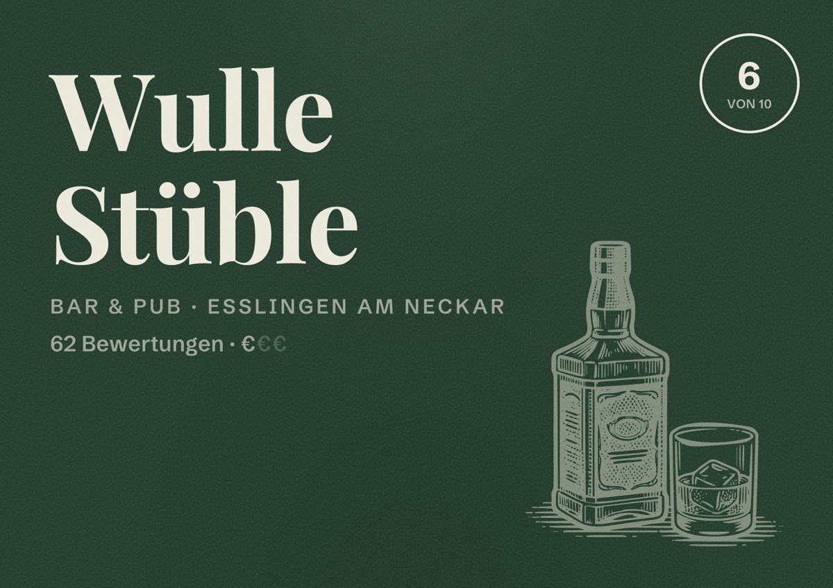 Illustriertes Poster von Wulle Stüble, Bar & Pub in Esslingen am Neckar: Bewertung 6 von 10 aus 62 Bewertungen, Preisniveau €