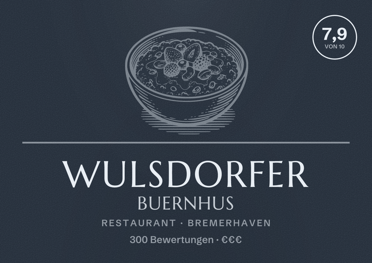 Illustriertes Poster von Wulsdorfer Buernhus, Restaurant in Bremerhaven: Bewertung 7,9 von 10 aus 300 Bewertungen, Preisniveau €€€
