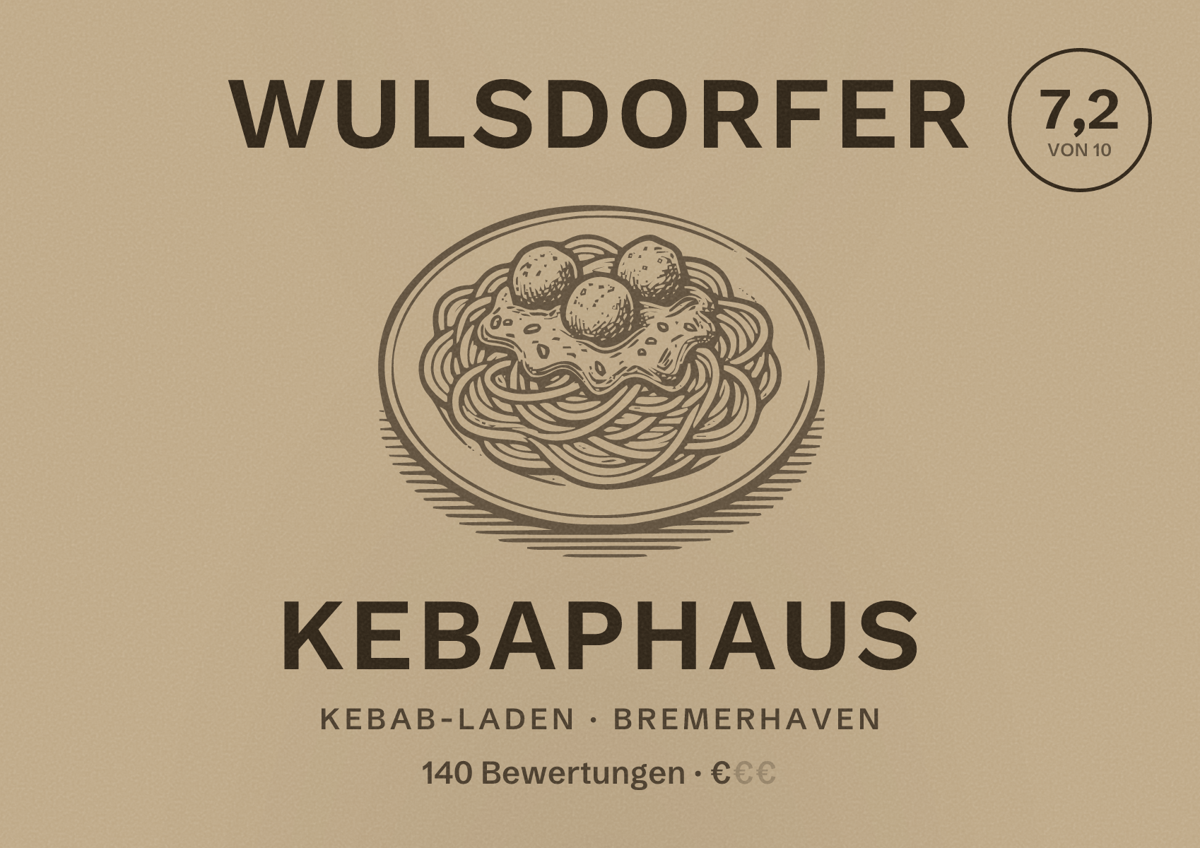 Illustriertes Poster von Wulsdorfer Kebaphaus, Kebab-Laden in Bremerhaven: Bewertung 7,2 von 10 aus 140 Bewertungen, Preisniveau €