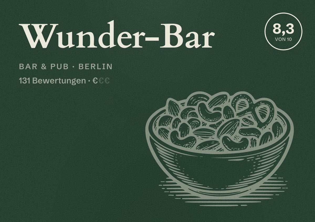 Illustriertes Poster von Wunder-Bar, Bar & Pub in Berlin: Bewertung 8,3 von 10 aus 131 Bewertungen, Preisniveau €