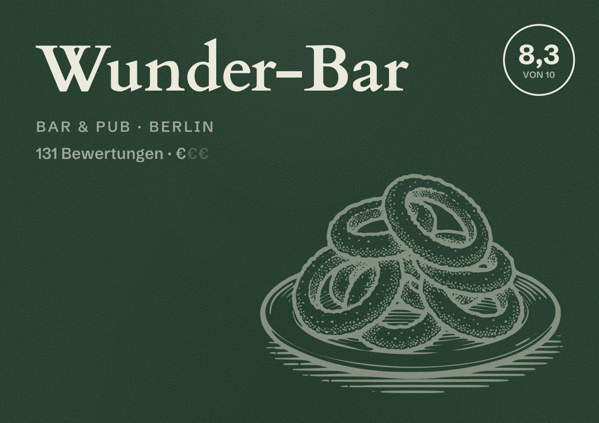Illustriertes Poster von Wunder-Bar, Bar & Pub in Berlin: Bewertung 8,3 von 10 aus 131 Bewertungen, Preisniveau €