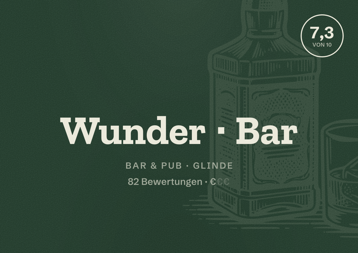 Illustriertes Poster von Wunder Bar, Bar & Pub in Glinde: Bewertung 7,3 von 10 aus 82 Bewertungen, Preisniveau €