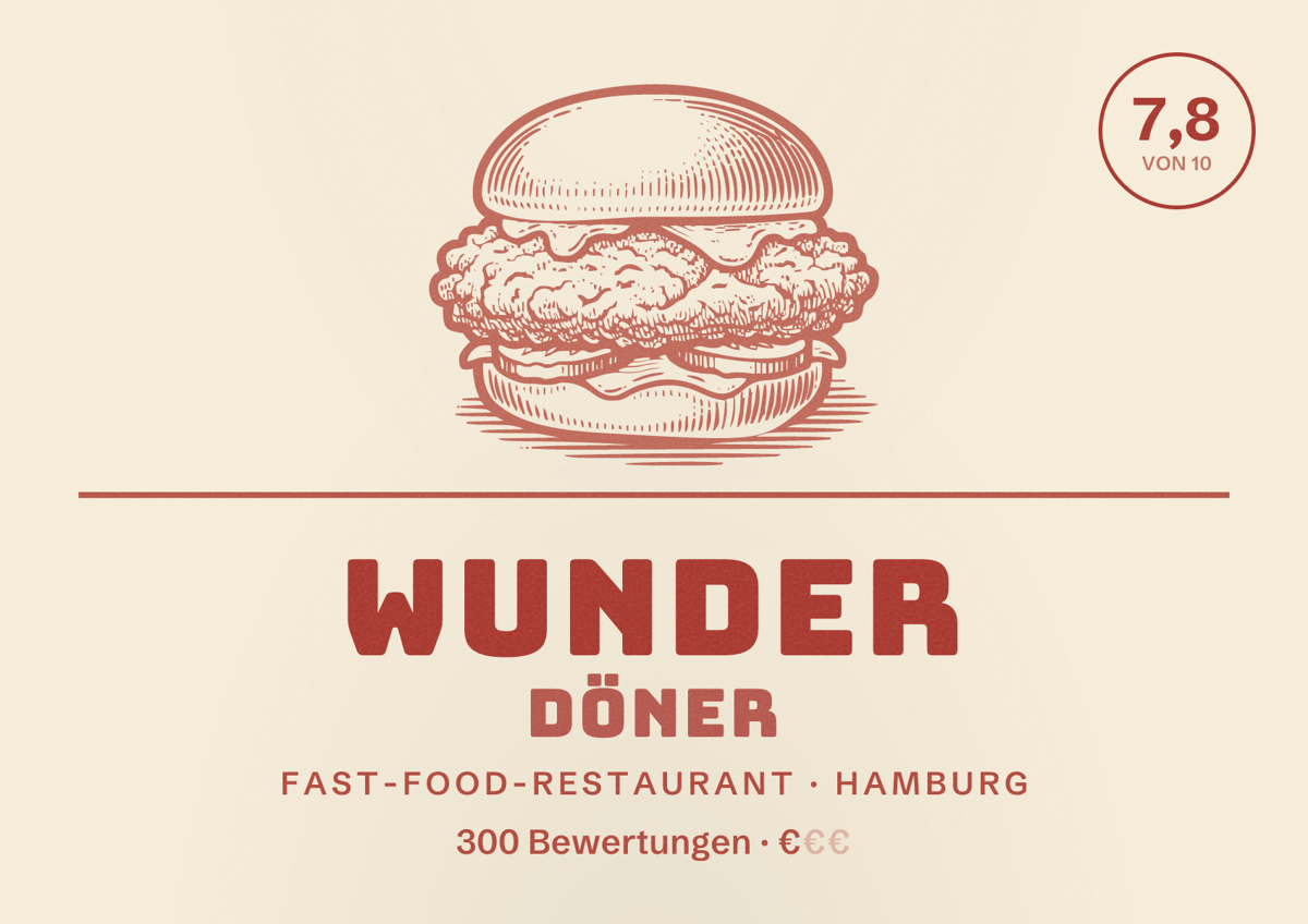 Illustriertes Poster von Wunder Döner, Fast-Food-Restaurant in Hamburg: Bewertung 7,8 von 10 aus 300 Bewertungen, Preisniveau €