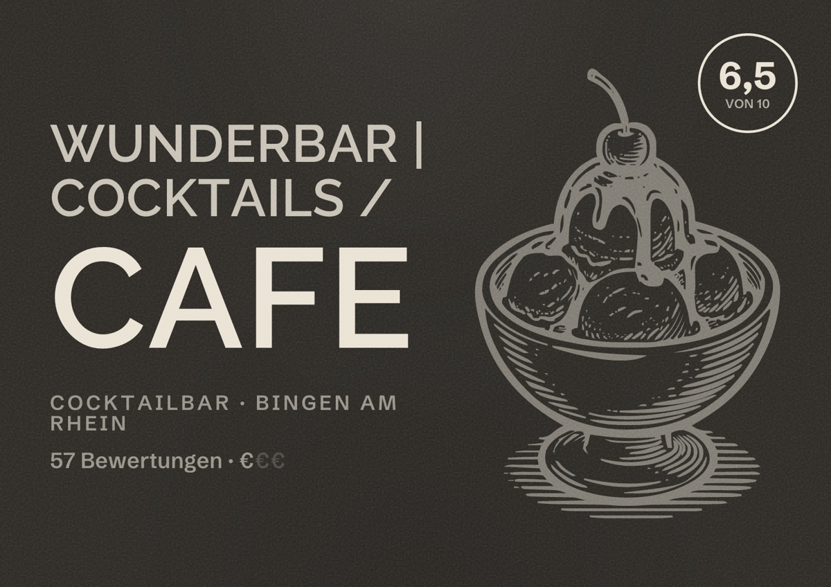 Illustriertes Poster von Wunderbar | Cocktails / Cafe, Cocktailbar in Bingen am Rhein: Bewertung 6,5 von 10 aus 57 Bewertungen, Preisniveau €